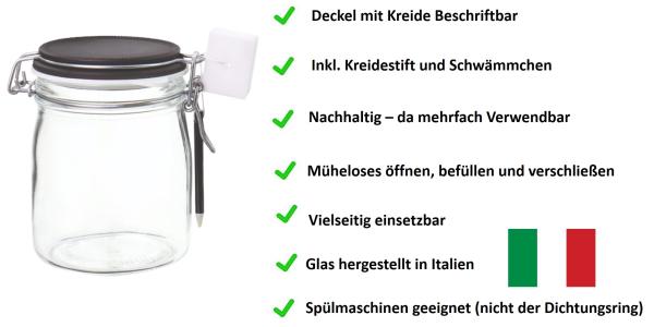 Einkochglas 750ml mit Kreidebeschriftungsdeckel- Bügelverschluss - 6 Stück